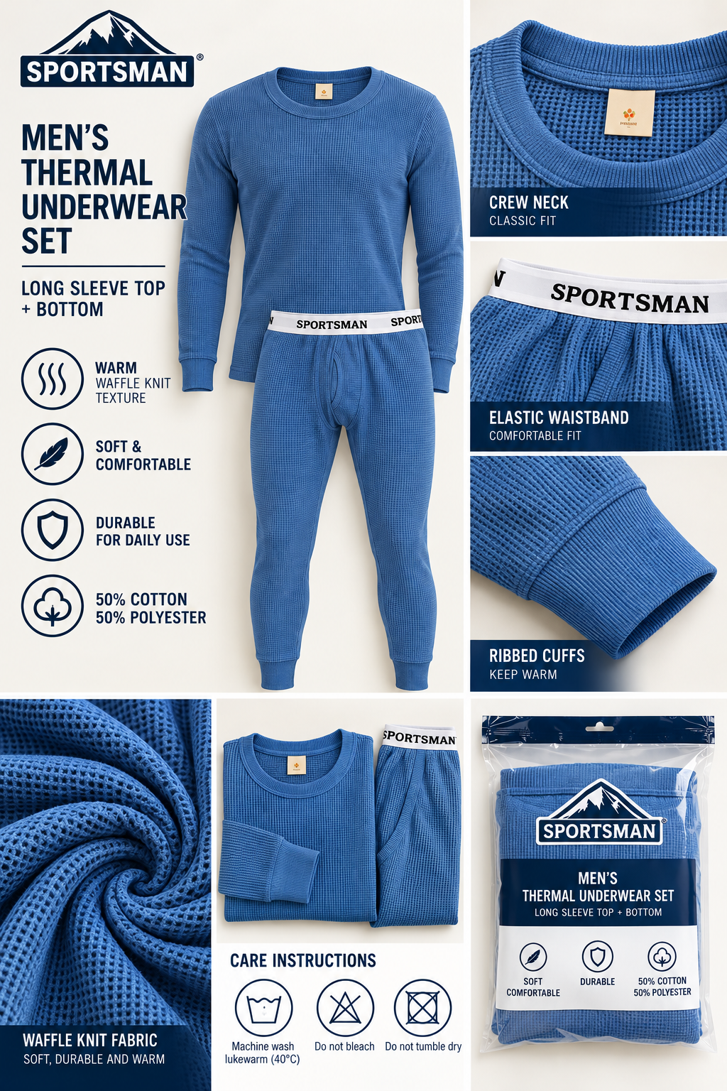 SPORTSMAN blue thermal underwear set — features