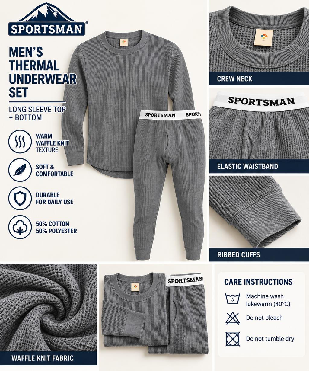 SPORTSMAN grey thermal underwear set — features