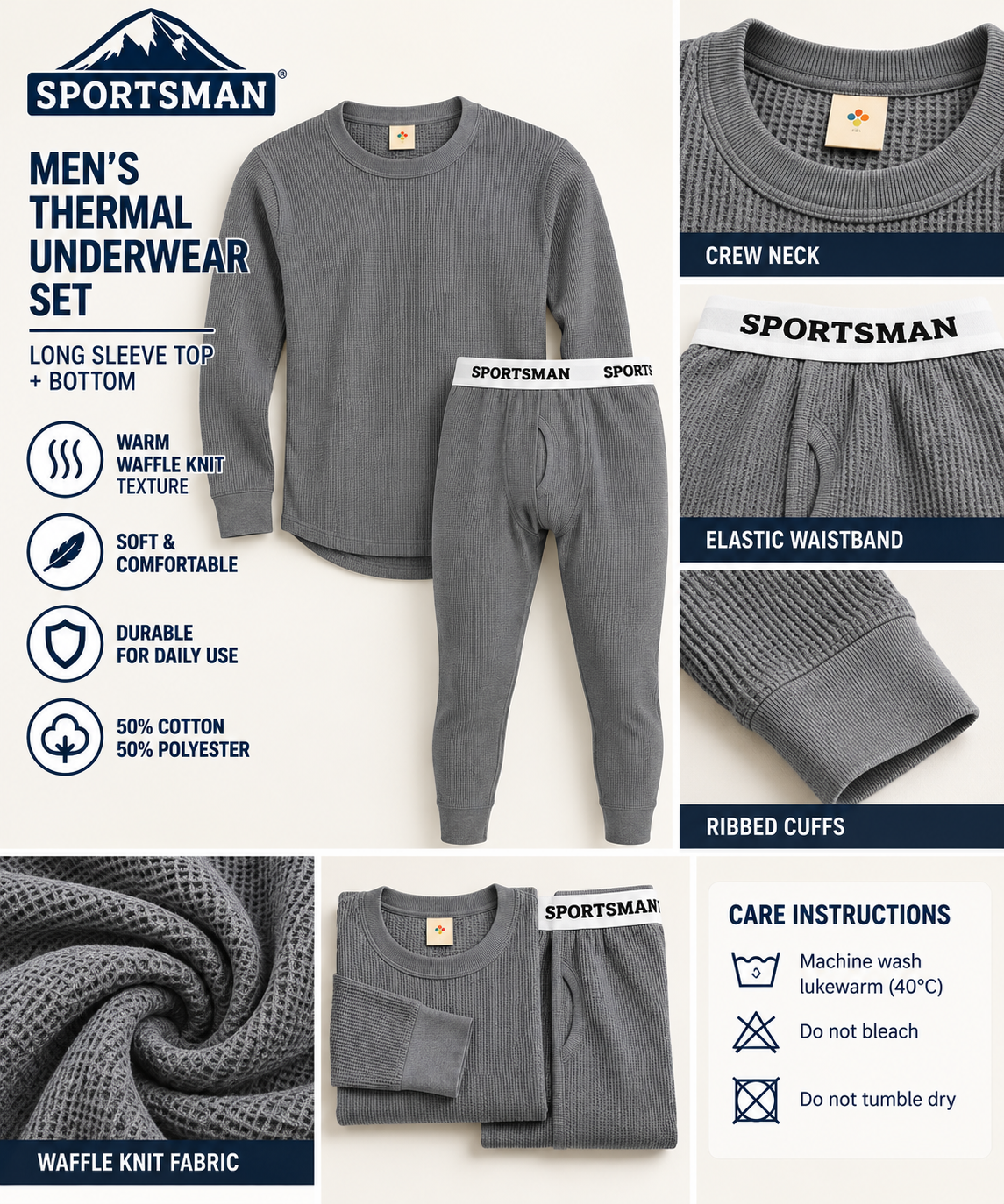 SPORTSMAN grey thermal underwear set — features