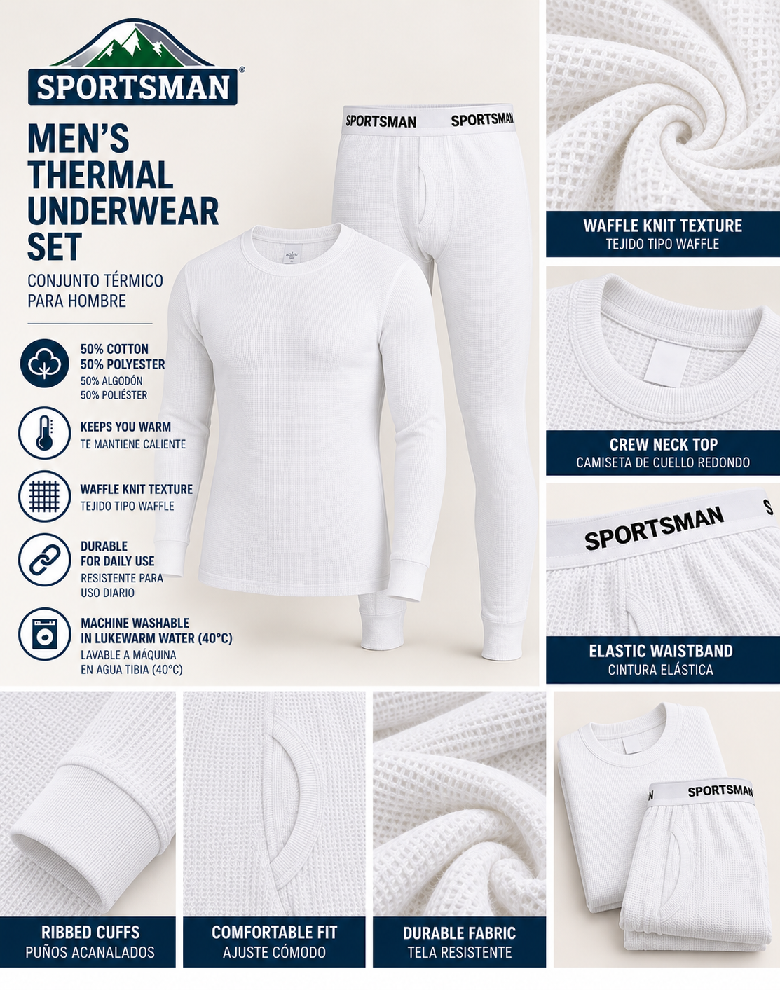 SPORTSMAN white thermal underwear set — features